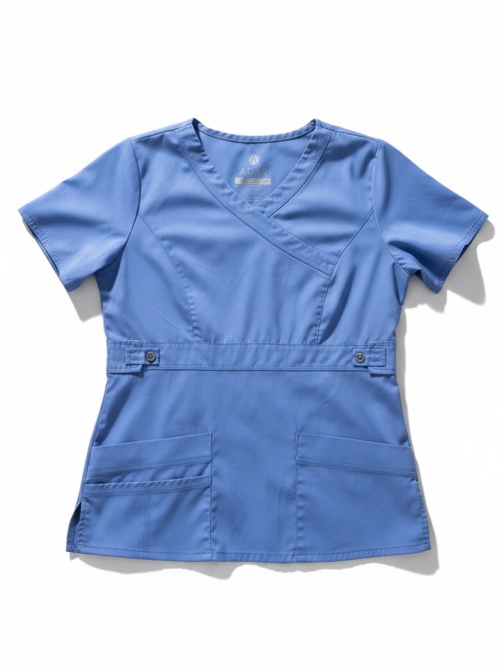 Adar Stretch Scrub Top Blue V Neck Utility Pockets Medical Uniform XXS
